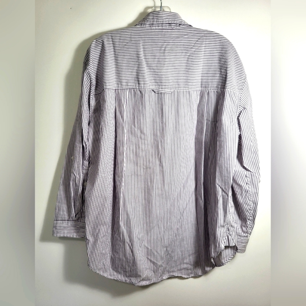 Gloria Vanderbilt gray white stripe button down shirt women's L #2237 - Picture 8 of 8